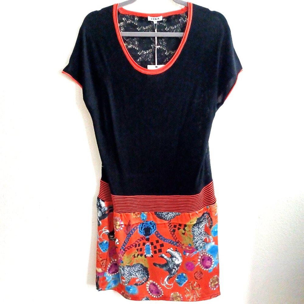 NWT YUKA Paris Mixed media Lace back Printed Dress,sz.L